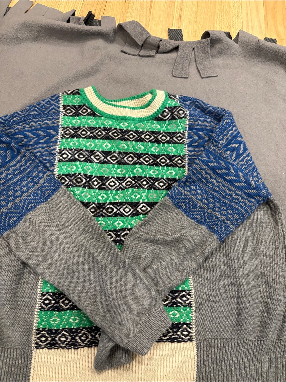 The Reeds Women’s Green & Blue Patterned Crewneck Sweater